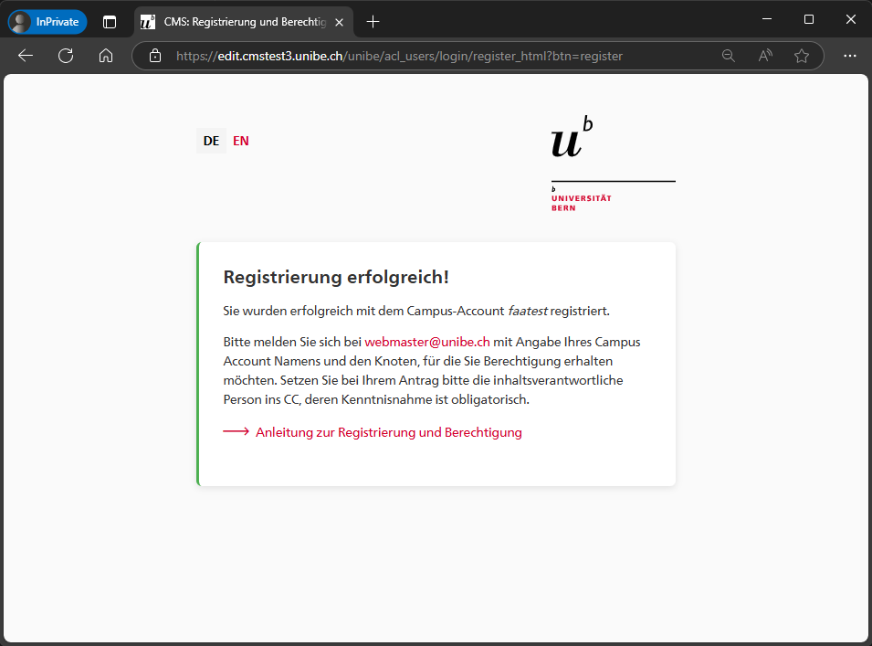 Erfolgsmeldung Registrierung