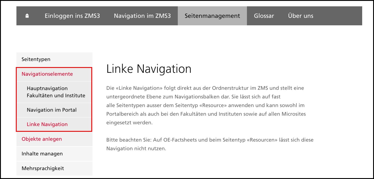 Anzeige der linken Navigation auf der Live Seite