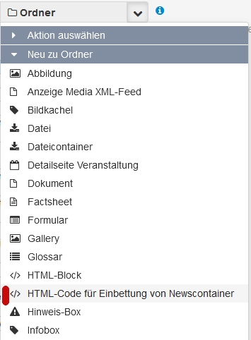 Wählen Sie aus dem Dropdown Menü das "Html-Code für Einbettung von Newscontainern"