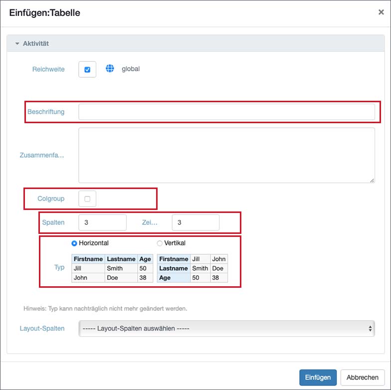 Es erscheint ein Popup-Fenster, in der Sie den Titel sowie Einstellungen vornehmen können.