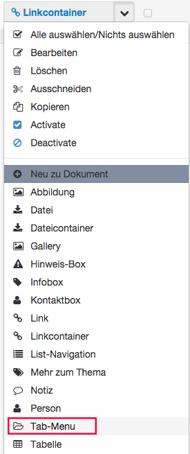 Wählen Sie aus dem Dropdown Menü das Tab-Menü