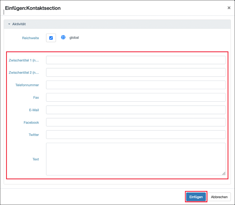 Füllen Sie die Optionen der Kontaktsection aus