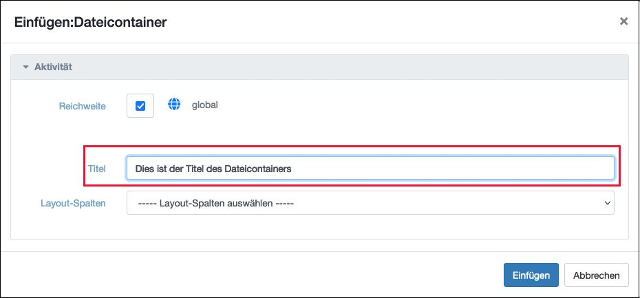 Ein Titel für den Dateicontainer einfügen