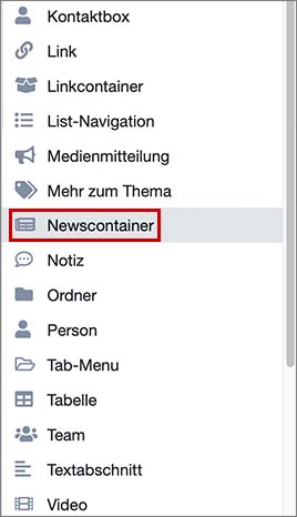 Wählen Sie aus dem Dropdown Menü die Option Newscontainer aus