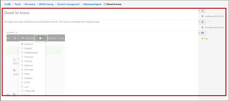 Bei Klick auf den Pfeil neben der angezeigten Sprache kann man auf die Sekundärseite wechseln.